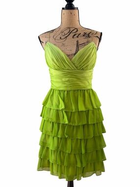 Muse Y2K 100% Silk Chartreuse Lime Green Tiered Ruffle Mini Dress Women’s 6